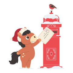 Cute Christmas pony mailing a holiday letter. Festive winter illustration with Santa hat, red mailbox, and robin bird. Perfect for greeting cards and kids’ designs.