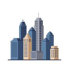 A cartoon cityscape of various skyscrapers in shades of blue gray and tan on a white background