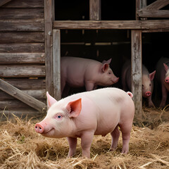 Small pig farm with wooden barn background.