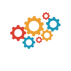 A cluster of gears in blue red and orange hues with varying sizes