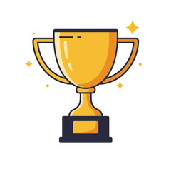 A golden trophy with handles sits on a dark blue stand with stars surrounding it