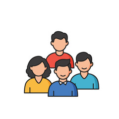 A simple cartoon depicts four people without facial features wearing different colored shirts