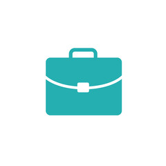 A teal briefcase with a white latch is centered on a white background
