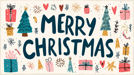 Hand drawn Merry Christmas banner with gifts and trees conveys heartfelt greeting and cozy celebration, evoking togetherness generosity and seasonal cheer for family gatherings.
