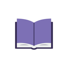 Open book with purple cover and pages facing forward lying flat