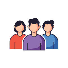 Three stylized faceless characters stand in a row wearing different colored shirts
