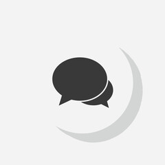 Two overlapping dark speech bubbles sit beside a grey crescent shape all on a white background