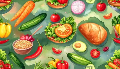 Vibrant arrangement of various colorful vegetables on a bright green background