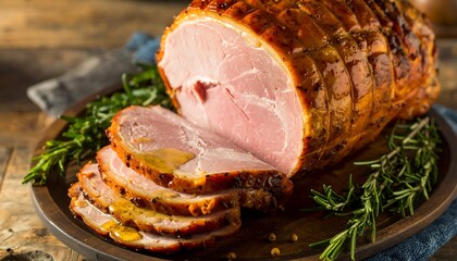 Glazed spiral-sliced ham on wooden platter with herbs