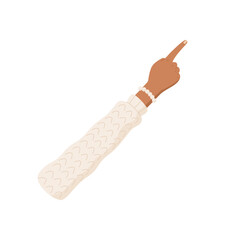 Flat style hand with forefinger raised, showing number one. Brown hand with sleeve pointing upward, ideal for countdown or math concepts. Isolated graphic for education or professional use.