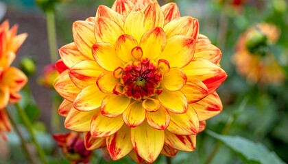 Vivid yellow and red dahlia bloom