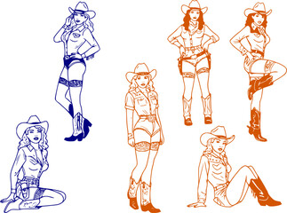A set of vintage retro pin up style woman wearing western cowboy costume. line art illustration style
