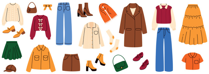 A large set of women's clothing. Sweaters, pants, skirts, shoes, scarves, coats, and bags. Flat vector illustration.