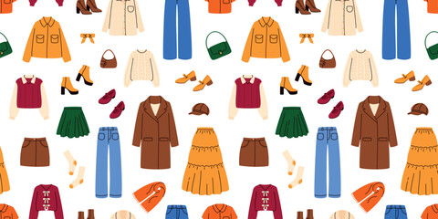Seamless pattern with women's clothing. Sweaters, pants, skirts, shoes, scarves, coats, and bags. Flat vector illustration.