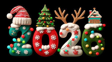 Playful 2026 holiday typography with ornaments and winter motifs, celebrating the new year spirit and seasonal joy.
