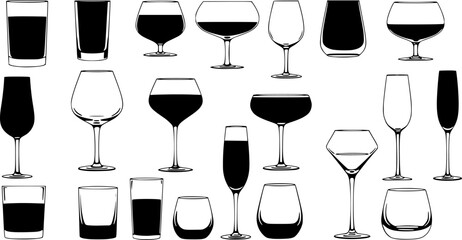 Glass and wineglass set. Different types of glasses and wineglasses on white. Vector illustration
