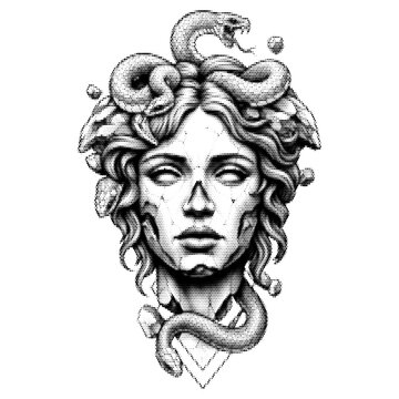 Medusa vintage y2k halftone art, medusa halftone stipple brutalist retro vector png with transparent background, bloom 2000s aesthetic photocopy effect tattoo