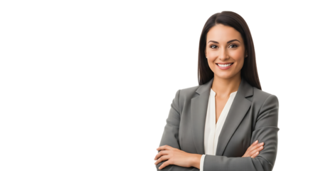 Confident businesswoman with arms crossed smiling professionally, conveying success and expertise for corporate branding and marketing needs