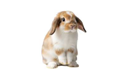 Adorable lop-eared bunny with soft brown and white fur sits attentively, capturing hearts with its sweet expression and gentle pose
