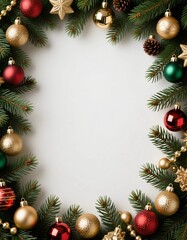 Vibrant holiday decorations showcase a mix of colorful ornaments and pine branches, framing a blank space perfect for seasonal greetings during Christmas and New Year Generative AI