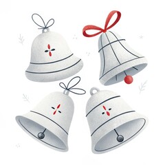 Four christmas bells isolated on white background with red ribbon and bow