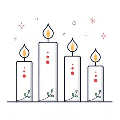 Four christmas candles with flame isolated on white background