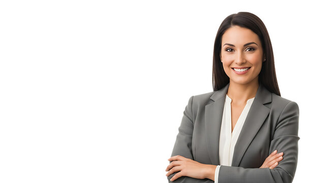 Confident businesswoman with arms crossed smiling professionally, conveying success and expertise for corporate branding and marketing needs