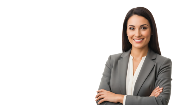 Confident businesswoman with arms crossed smiling professionally, conveying success and expertise for corporate branding and marketing needs