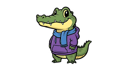 Adorable cartoon alligator wearing a purple hoodie and blue scarf, perfect for playful designs, kids' content, and friendly mascots.