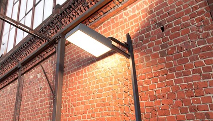 Warm light fixture mounted on a brick wall, with industrial window frames above