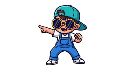 Naklejka premium Playful boy with cap and sunglasses pointing with excitement, perfect for kids' content, educational materials, or fun designs, vector illustration.