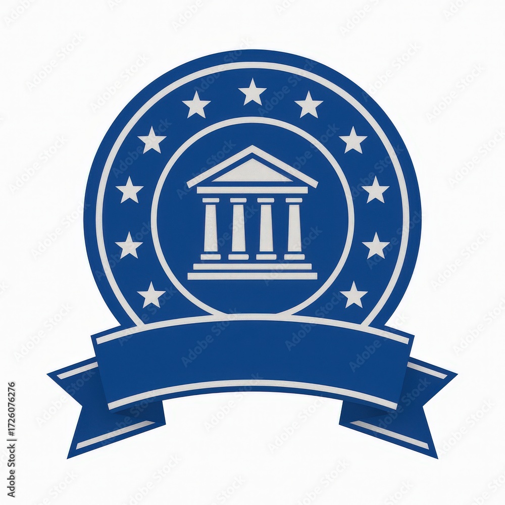 Aufkleber blue emblem featuring a classical building icon surrounded by stars implicitly symbolizing trust and