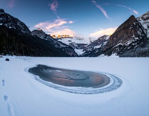 Frozen lake at dawn, snow-covered mountains