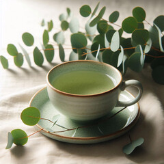 A cup of eucalyptus tea, ideal for respiratory problems, surrounded by delicate vegetation. Generative AI.