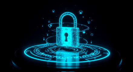 A glowing blue padlock surrounded by concentric circles and swirling particles on a dark background, symbolizing cybersecurity and digital protection for Cybersecurity Awareness Month.