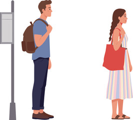 Urban bus stop scene, man with backpack, woman with tote bag, public transportation, waiting commuters, city lifestyle, street fashion, travel moment