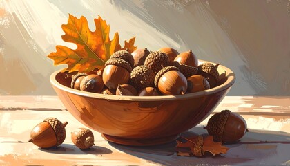 Sunlit bowl brimming with acorns and autumn leaves