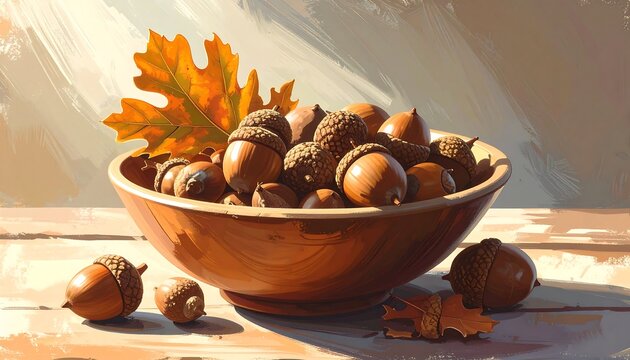 Sunlit bowl brimming with acorns and autumn leaves