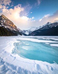 Frozen lake nestled in a mountain valley at dawn