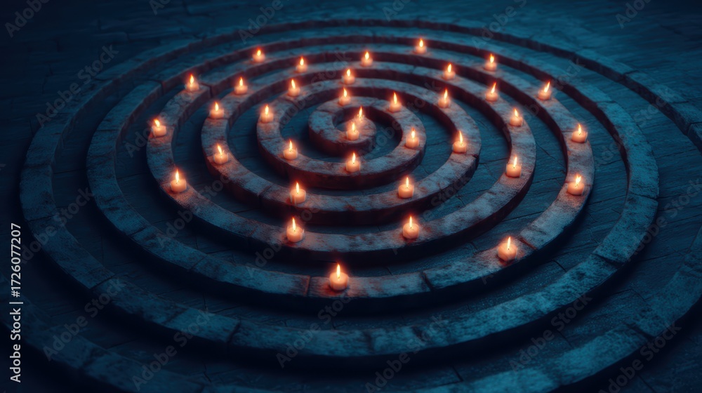 Poster a tranquil arrangement of glowing candles in a spiral pattern on a textured stone surface, creating 
