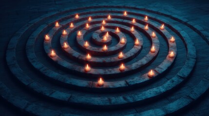 Fototapeta premium A tranquil arrangement of glowing candles in a spiral pattern on a textured stone surface, creating a serene and meditative atmosphere.