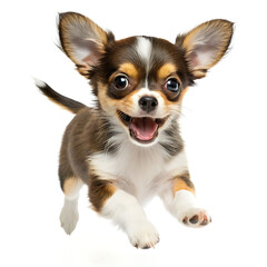 Obraz premium A playful chihuahua puppy with brown and white fur jumping happily on a white background in a studio shot