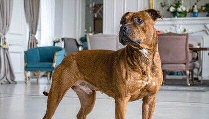 Brindle patterned dog stands regal in luxurious interior, alert and looking left