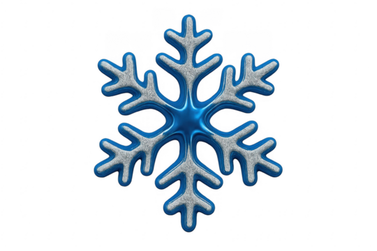 Blue and silver glitter snowflake decoration against transparent background