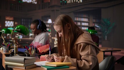 African american future dentist examines a plastic model of human teeth, studying stomatology practices in the campus library. Male student learns about dentistry or oral health. Camera B.