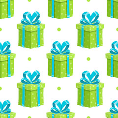 Cartoon birthday gift box seamless pattern. Present with ribbon and bow for festive holiday and celebration background. Colorful decoration for cheerful events.
