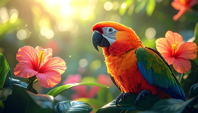 Vibrant parrot amidst hibiscus blossoms, bathed in sunlight - Powered by Adobe