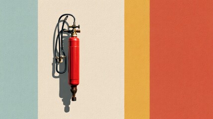 Vintage Fire Extinguisher Hanging on a Colorful Background, Featuring Blue, White, Yellow, and Red Stripes, Ideal for Safety and Fire Prevention Campaigns