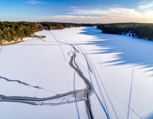 Frozen lake, winter landscape, aerial view
