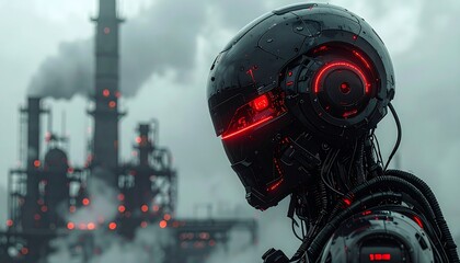 Fototapeta premium A cybernetic figure with glowing red accents stands before a smoky industrial complex under a cloudy sky, a dystopian vision